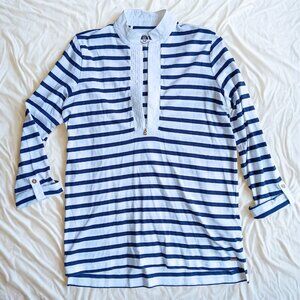 Bogner Zipper Roll Tab Tunic Stretch Jersey Turtleneck Mockneck Top Striped
